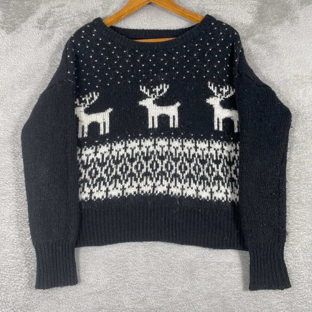 Ruby Moon Reindeer Sweater Womens Small Black Fair Isle Holiday Winter Knit
